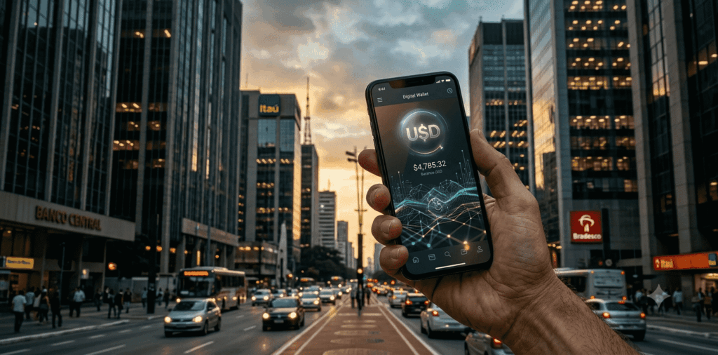 Fotografía editorial en primer plano de una mano sosteniendo un teléfono inteligente que muestra una aplicación de wallet digital con un símbolo de dólar brillante. Al fondo, fuera de foco, se aprecian los rascacielos de cristal y acero de un distrito financiero de América Latina iluminados por la luz dorada del atardecer.