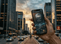Fotografía editorial en primer plano de una mano sosteniendo un teléfono inteligente que muestra una aplicación de wallet digital con un símbolo de dólar brillante. Al fondo, fuera de foco, se aprecian los rascacielos de cristal y acero de un distrito financiero de América Latina iluminados por la luz dorada del atardecer.
