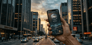 Fotografía editorial en primer plano de una mano sosteniendo un teléfono inteligente que muestra una aplicación de wallet digital con un símbolo de dólar brillante. Al fondo, fuera de foco, se aprecian los rascacielos de cristal y acero de un distrito financiero de América Latina iluminados por la luz dorada del atardecer.