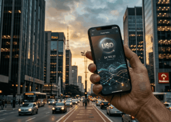 Fotografía editorial en primer plano de una mano sosteniendo un teléfono inteligente que muestra una aplicación de wallet digital con un símbolo de dólar brillante. Al fondo, fuera de foco, se aprecian los rascacielos de cristal y acero de un distrito financiero de América Latina iluminados por la luz dorada del atardecer.