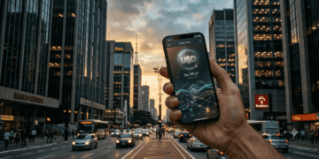 Fotografía editorial en primer plano de una mano sosteniendo un teléfono inteligente que muestra una aplicación de wallet digital con un símbolo de dólar brillante. Al fondo, fuera de foco, se aprecian los rascacielos de cristal y acero de un distrito financiero de América Latina iluminados por la luz dorada del atardecer.