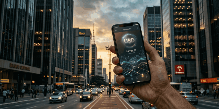 Fotografía editorial en primer plano de una mano sosteniendo un teléfono inteligente que muestra una aplicación de wallet digital con un símbolo de dólar brillante. Al fondo, fuera de foco, se aprecian los rascacielos de cristal y acero de un distrito financiero de América Latina iluminados por la luz dorada del atardecer.