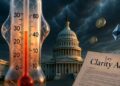 Senado de Estados Unidos con un termómetro en rojo y la ley Clarity.