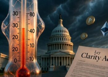 Senado de Estados Unidos con un termómetro en rojo y la ley Clarity.