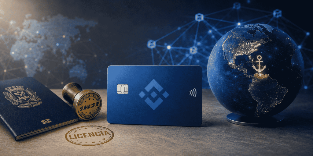 Imagen conceptual de la pregunta jurídica sobre la tarjeta de Binance en Venezuela. Una tarjeta azul en el centro, con un pasaporte y sello oficial a la izquierda (regulación local) y un globo terráqueo iluminado a la derecha (licencias internacionales).