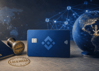 Imagen conceptual de la pregunta jurídica sobre la tarjeta de Binance en Venezuela. Una tarjeta azul en el centro, con un pasaporte y sello oficial a la izquierda (regulación local) y un globo terráqueo iluminado a la derecha (licencias internacionales).