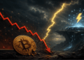 Una moneda de Bitcoin impactando contra el suelo y un grafico con una flecha roja descendente.