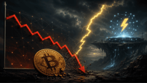Una moneda de Bitcoin impactando contra el suelo y un grafico con una flecha roja descendente.
