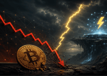 Una moneda de Bitcoin impactando contra el suelo y un grafico con una flecha roja descendente.
