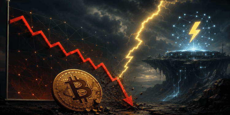 Una moneda de Bitcoin impactando contra el suelo y un grafico con una flecha roja descendente.