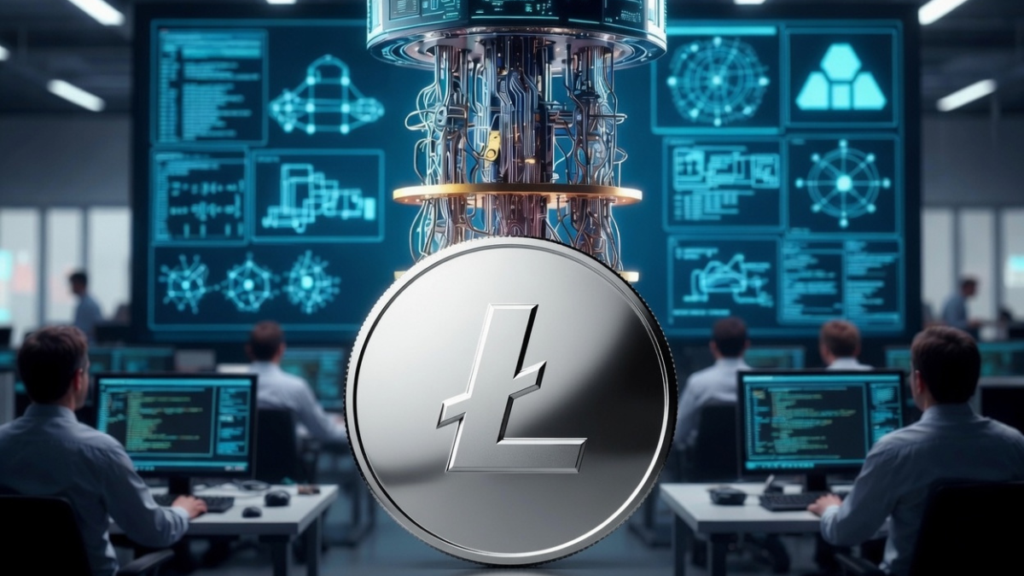 Un centro de computación cuántica con una moneda de la criptomoneda Litecoin.