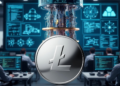 Un centro de computación cuántica con una moneda de la criptomoneda Litecoin.