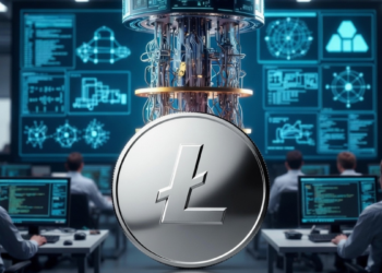 Un centro de computación cuántica con una moneda de la criptomoneda Litecoin.