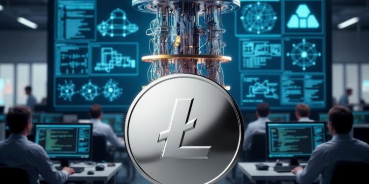 Un centro de computación cuántica con una moneda de la criptomoneda Litecoin.