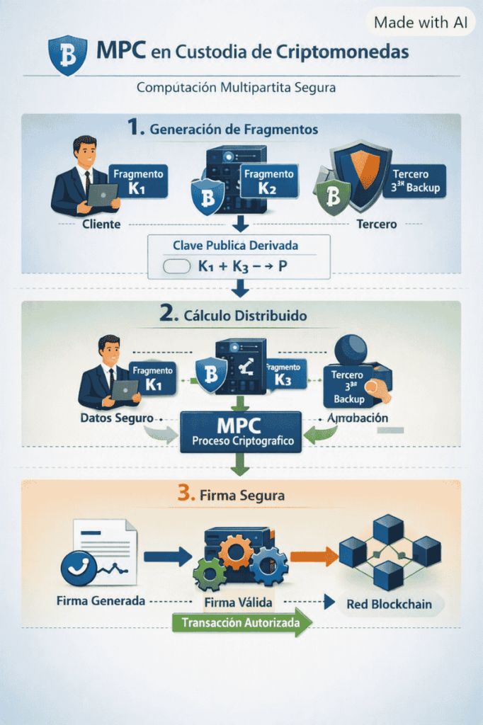 Infografía que muestra cómo funciona la MPC en criptomonedas.