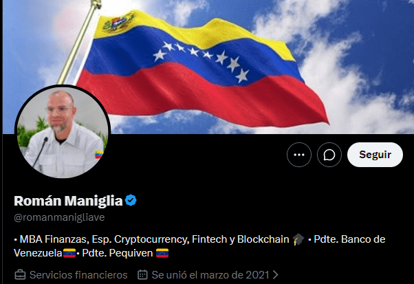 Captura de pantalla del perfil verificado de X (Twitter) de Román Maniglia, donde se destaca su descripción biográfica como MBA en Finanzas y especialista en Cryptocurrency, Fintech y Blockchain, junto a su foto de perfil y el banner de la bandera de Venezuela.