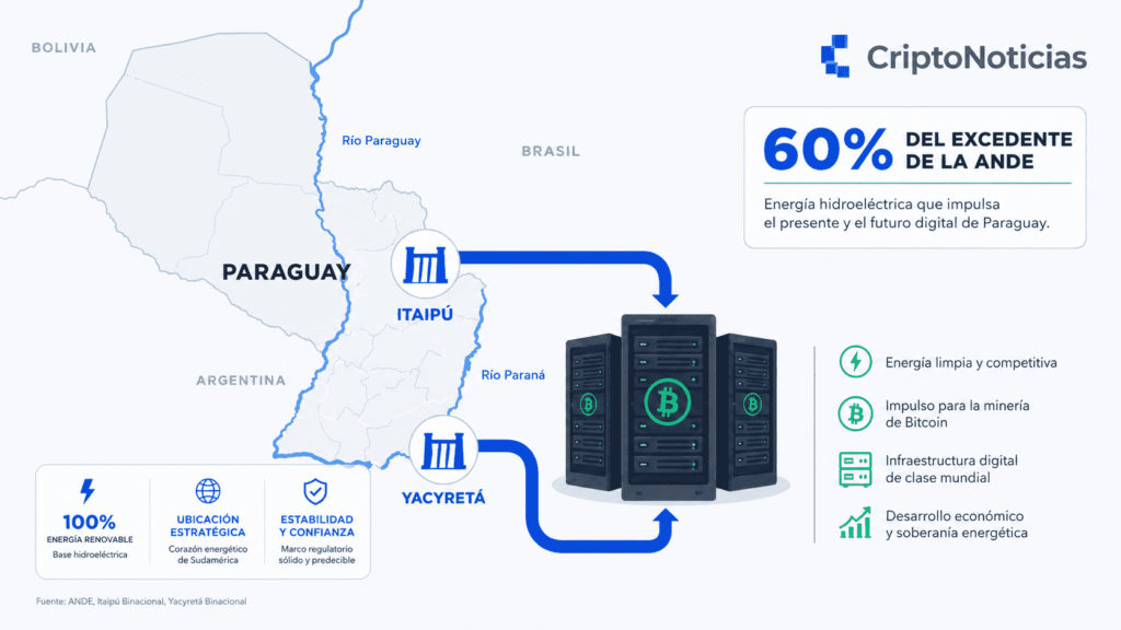 Infografía estática sobre fondo gris claro que muestra un mapa estilizado de Paraguay con sus fronteras en gris suave y los ríos Paraná y Paraguay en azul claro. En el mapa, las represas de Itaipú y Yacyretá están representadas con íconos técnicos de donde nacen flechas gruesas de color azul oscuro que apuntan hacia servidores digitales con pequeños logotipos verdes de Bitcoin. Un cuadro de texto destaca la cifra "60% del excedente de la ANDE". En la esquina superior derecha se lee el logotipo de CriptoNoticias.