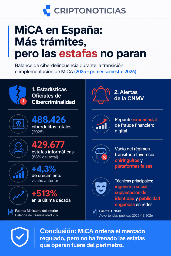 Infografía titulada "MiCA en España: Más trámites, pero las estafas no paran". Muestra dos bloques de información. El primero, "Estadísticas Oficiales de Cibercriminalidad", contiene cuatro datos: 488.426 ciberdelitos totales en 2025; 429.677 estafas informáticas, que representan el 88% del total; un crecimiento del 4,3% respecto al año anterior; y un incremento del 513% en la última década. El segundo bloque, "Alertas de la CNMV", señala un repunte exponencial del fraude financiero digital, advierte que el vacío del régimen transitorio favoreció a chiringuitos y plataformas falsas.