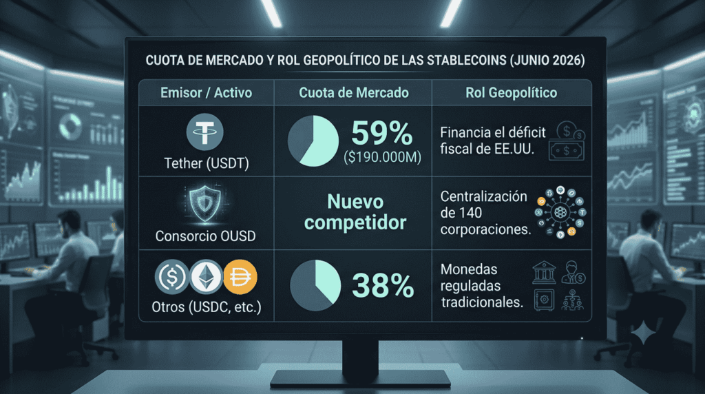 Una infografía digital en español titulada "CUOTA DE MERCADO Y ROL GEOPOLÍTICO DE LAS STABLECOINS (JUNIO 2026)", presentada en la pantalla de un monitor dentro de una sala de servidores o centro de control financiero. La tabla detalla tres filas: Tether (USDT) con una cuota del 59% ($190.000M) y el rol de financiar el déficit fiscal de EE.UU.; el Consorcio OUSD catalogado como "Nuevo competidor" con un rol de centralización de 140 corporaciones; y Otros (USDC, etc.) con una cuota del 38% y el rol de monedas reguladas tradicionales. Cada sección incluye gráficos circulares e iconos descriptivos limpios.