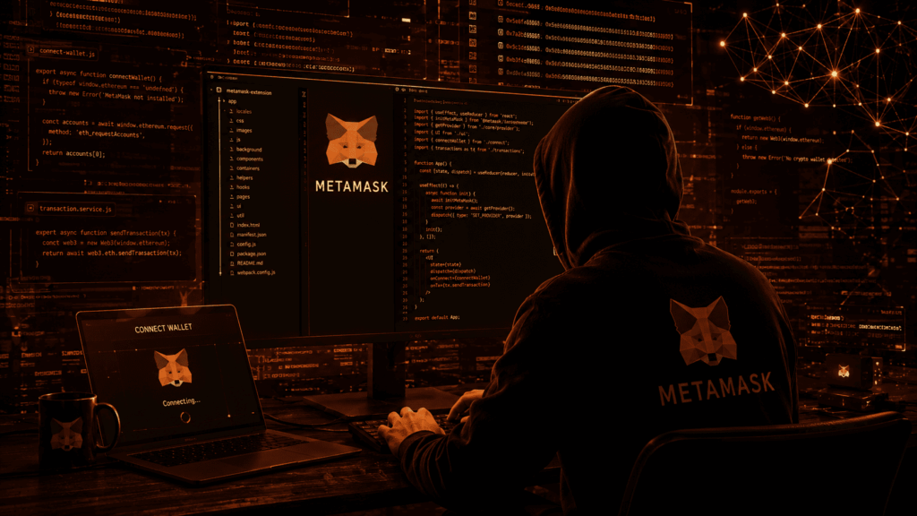Un hacker atacando la wallet de criptomonedas MetaMask.