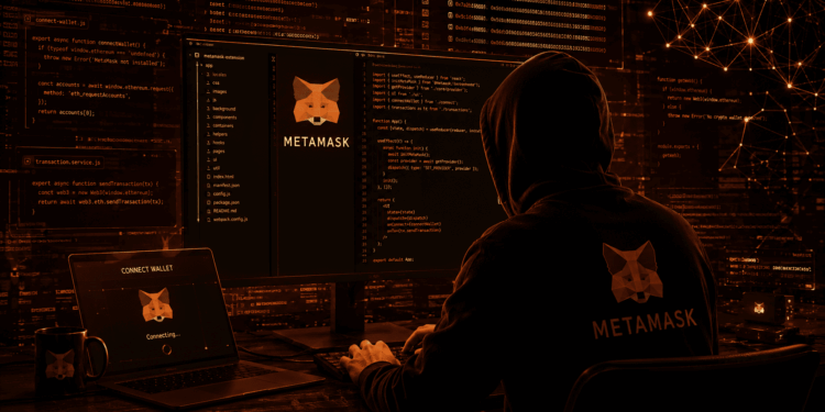 Un hacker atacando la wallet de criptomonedas MetaMask.