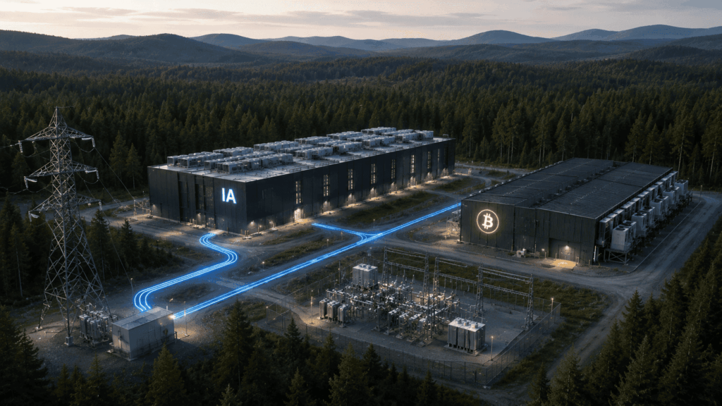 Un centro de minería de Bitcoin junto a un data center de IA.