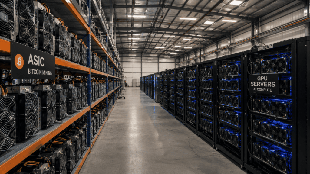 Un galpón con mineros de Bitcoin y GPU para el cómputo de IA.