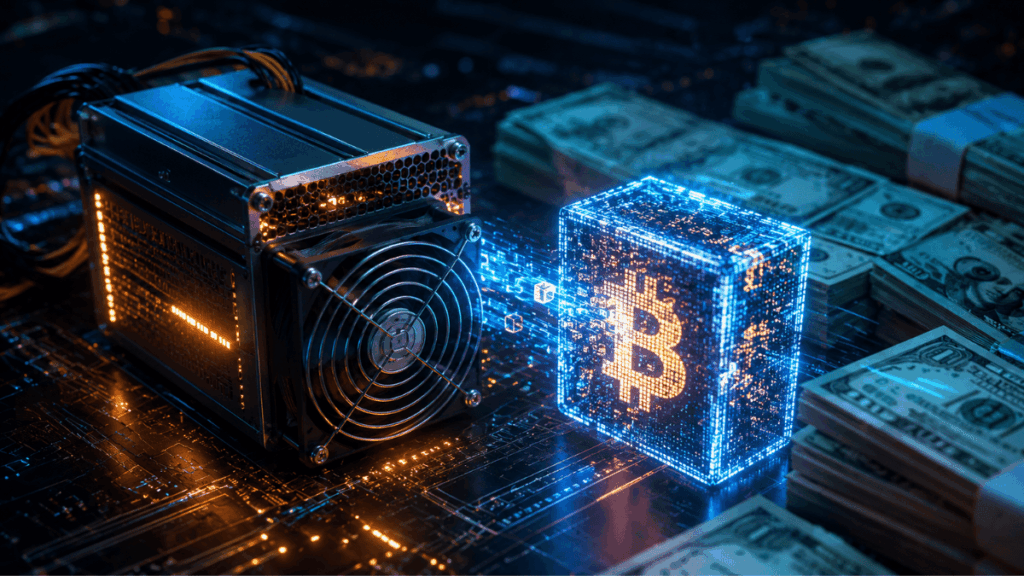 Un mini ASIC conectado a la red Bitcoin junto con billetes de dólares.