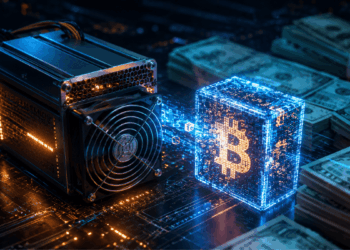 Un mini ASIC conectado a la red Bitcoin junto con billetes de dólares.
