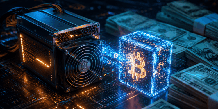 Un mini ASIC conectado a la red Bitcoin junto con billetes de dólares.