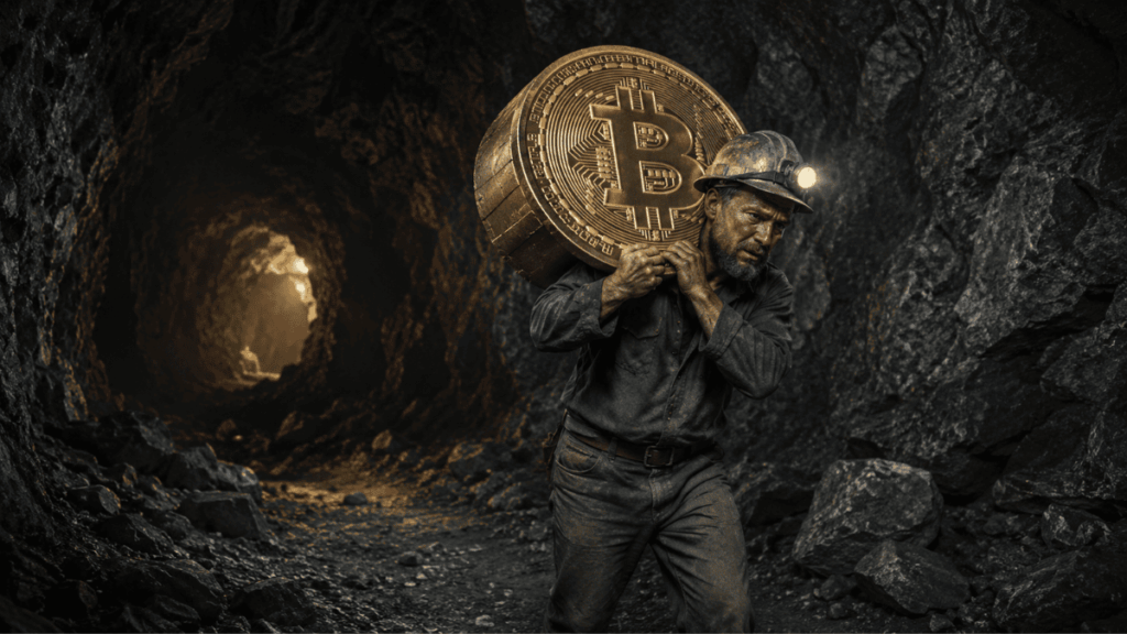 Un minero saliendo de una cueva con monedas de Bitcoin.