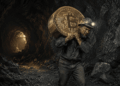 Un minero saliendo de una cueva con monedas de Bitcoin.