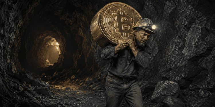 Un minero saliendo de una cueva con monedas de Bitcoin.