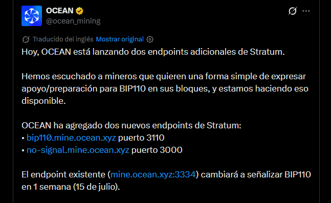 Captura de pantalla del pool de minería de Bitcoin OCEAN sobre el debate de la propuesta BIP-110.