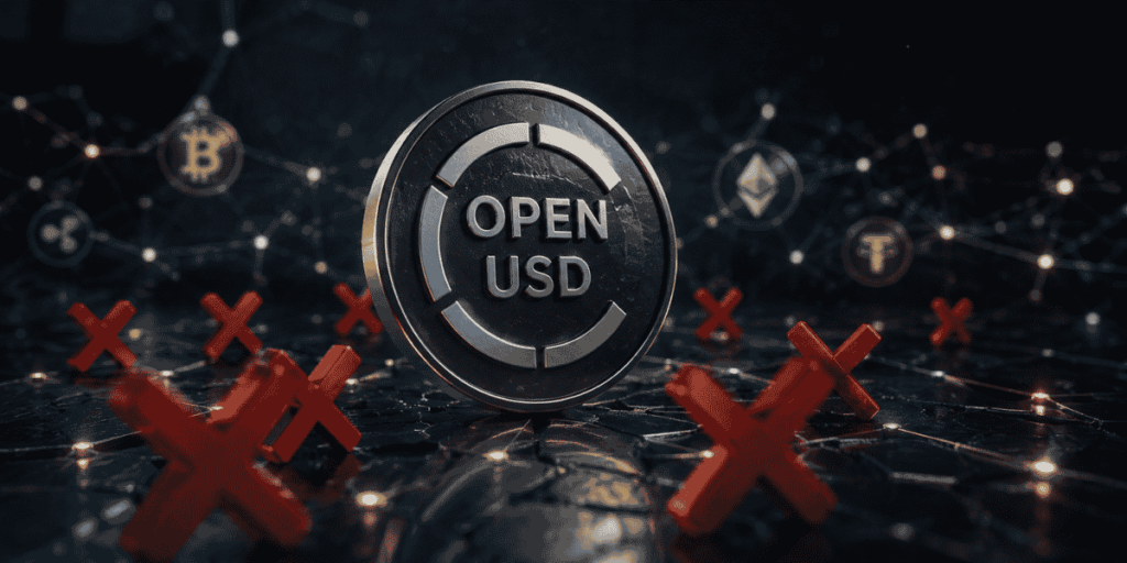 OPEN USD, la moneda, siendo rechazada. Al fondo, una red de criptomonedas.