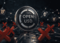OPEN USD, la moneda, siendo rechazada. Al fondo, una red de criptomonedas.