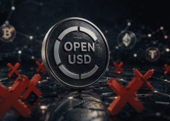 OPEN USD, la moneda, siendo rechazada. Al fondo, una red de criptomonedas.