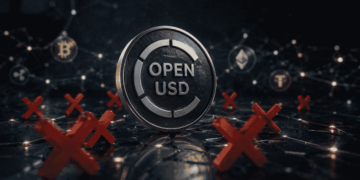 OPEN USD, la moneda, siendo rechazada. Al fondo, una red de criptomonedas.