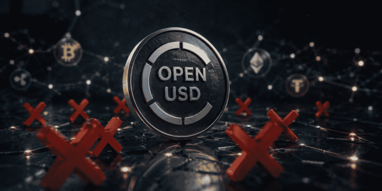 OPEN USD, la moneda, siendo rechazada. Al fondo, una red de criptomonedas.