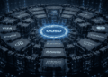 Una fotografía editorial conceptual en formato panorámico que muestra una enorme y compleja estructura geométrica flotante hecha de bloques interconectados con logotipos corporativos legibles de Visa, Mastercard, BlackRock y Coinbase.