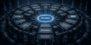 Una fotografía editorial conceptual en formato panorámico que muestra una enorme y compleja estructura geométrica flotante hecha de bloques interconectados con logotipos corporativos legibles de Visa, Mastercard, BlackRock y Coinbase.