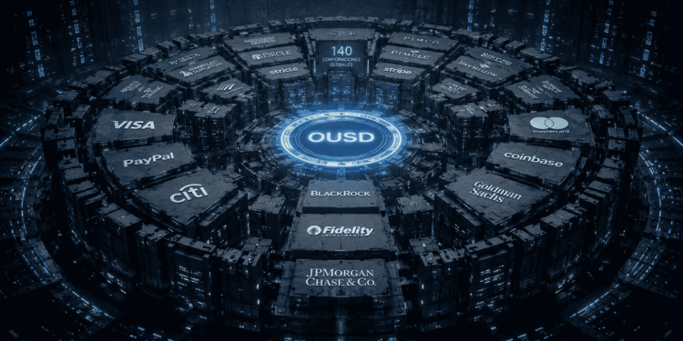 Una fotografía editorial conceptual en formato panorámico que muestra una enorme y compleja estructura geométrica flotante hecha de bloques interconectados con logotipos corporativos legibles de Visa, Mastercard, BlackRock y Coinbase.
