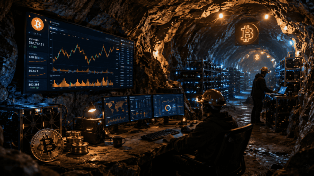 Mineros de Bitcoin operando dentro de una cueva.