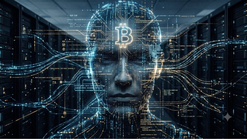 Un primer plano central de un rostro humano sintético o digital, compuesto por líneas de código binario y circuitos de luz que fluyen. El rostro está centrado y mira hacia adelante con los ojos cerrados. En la frente, un gran y brillante símbolo de Bitcoin (฿) está hecho de complejos circuitos de luz naranja. Flujos de líneas de datos, símbolos abstractos (como nodos de red, iconos de transacciones y marcadores de valor) y haces de luz se extienden desde la cabeza y el cabello. Texto técnico flotante en inglés, con palabras como 'Bitcoin', 'block', 'hash', 'data', 'network', 'transaction', 'node' y 'blockchain' junto con números asociados, rodea el rostro como parte de la composición digital. El fondo es un pasillo oscuro y borroso de un centro de datos (sala de servidores) con filas de racks de servidores oscuros que se desvanecen en la distancia, poblados por pequeñas luces indicadoras LED verdes y rojas parpadeantes. La iluminación proviene del interior del rostro digital y de las luces de los servidores en el fondo. La estética es futurista y ciberpunk.