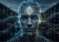 Un primer plano central de un rostro humano sintético o digital, compuesto por líneas de código binario y circuitos de luz que fluyen. El rostro está centrado y mira hacia adelante con los ojos cerrados. En la frente, un gran y brillante símbolo de Bitcoin (฿) está hecho de complejos circuitos de luz naranja. Flujos de líneas de datos, símbolos abstractos (como nodos de red, iconos de transacciones y marcadores de valor) y haces de luz se extienden desde la cabeza y el cabello. Texto técnico flotante en inglés, con palabras como 'Bitcoin', 'block', 'hash', 'data', 'network', 'transaction', 'node' y 'blockchain' junto con números asociados, rodea el rostro como parte de la composición digital. El fondo es un pasillo oscuro y borroso de un centro de datos (sala de servidores) con filas de racks de servidores oscuros que se desvanecen en la distancia, poblados por pequeñas luces indicadoras LED verdes y rojas parpadeantes. La iluminación proviene del interior del rostro digital y de las luces de los servidores en el fondo. La estética es futurista y ciberpunk.