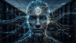 Un primer plano central de un rostro humano sintético o digital, compuesto por líneas de código binario y circuitos de luz que fluyen. El rostro está centrado y mira hacia adelante con los ojos cerrados. En la frente, un gran y brillante símbolo de Bitcoin (฿) está hecho de complejos circuitos de luz naranja. Flujos de líneas de datos, símbolos abstractos (como nodos de red, iconos de transacciones y marcadores de valor) y haces de luz se extienden desde la cabeza y el cabello. Texto técnico flotante en inglés, con palabras como 'Bitcoin', 'block', 'hash', 'data', 'network', 'transaction', 'node' y 'blockchain' junto con números asociados, rodea el rostro como parte de la composición digital. El fondo es un pasillo oscuro y borroso de un centro de datos (sala de servidores) con filas de racks de servidores oscuros que se desvanecen en la distancia, poblados por pequeñas luces indicadoras LED verdes y rojas parpadeantes. La iluminación proviene del interior del rostro digital y de las luces de los servidores en el fondo. La estética es futurista y ciberpunk.