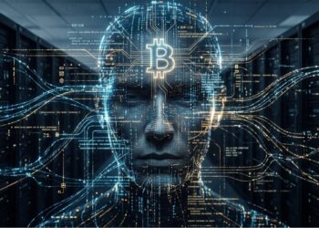 Un primer plano central de un rostro humano sintético o digital, compuesto por líneas de código binario y circuitos de luz que fluyen. El rostro está centrado y mira hacia adelante con los ojos cerrados. En la frente, un gran y brillante símbolo de Bitcoin (฿) está hecho de complejos circuitos de luz naranja. Flujos de líneas de datos, símbolos abstractos (como nodos de red, iconos de transacciones y marcadores de valor) y haces de luz se extienden desde la cabeza y el cabello. Texto técnico flotante en inglés, con palabras como 'Bitcoin', 'block', 'hash', 'data', 'network', 'transaction', 'node' y 'blockchain' junto con números asociados, rodea el rostro como parte de la composición digital. El fondo es un pasillo oscuro y borroso de un centro de datos (sala de servidores) con filas de racks de servidores oscuros que se desvanecen en la distancia, poblados por pequeñas luces indicadoras LED verdes y rojas parpadeantes. La iluminación proviene del interior del rostro digital y de las luces de los servidores en el fondo. La estética es futurista y ciberpunk.