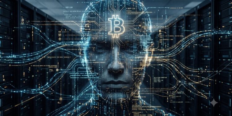 Un primer plano central de un rostro humano sintético o digital, compuesto por líneas de código binario y circuitos de luz que fluyen. El rostro está centrado y mira hacia adelante con los ojos cerrados. En la frente, un gran y brillante símbolo de Bitcoin (฿) está hecho de complejos circuitos de luz naranja. Flujos de líneas de datos, símbolos abstractos (como nodos de red, iconos de transacciones y marcadores de valor) y haces de luz se extienden desde la cabeza y el cabello. Texto técnico flotante en inglés, con palabras como 'Bitcoin', 'block', 'hash', 'data', 'network', 'transaction', 'node' y 'blockchain' junto con números asociados, rodea el rostro como parte de la composición digital. El fondo es un pasillo oscuro y borroso de un centro de datos (sala de servidores) con filas de racks de servidores oscuros que se desvanecen en la distancia, poblados por pequeñas luces indicadoras LED verdes y rojas parpadeantes. La iluminación proviene del interior del rostro digital y de las luces de los servidores en el fondo. La estética es futurista y ciberpunk.
