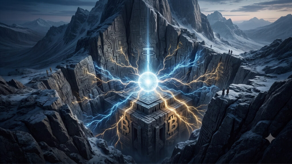 Paisaje épico de montañas nevadas y gargantas rocosas oscuras. En el centro de la escena, un brillante orbe de energía emite intensos rayos eléctricos de color azul y dorado. Debajo del orbe descansa una monumental estructura de piedra de aspecto antiguo, en forma de cubo, que tiene el logotipo de Bitcoin tallado en relieve en sus caras. En la inmensa pared de roca que se alza justo detrás de la luz, está grabado el logotipo de Tether. Las rocas circundantes presentan patrones geométricos tallados que recuerdan a circuitos electrónicos. En los bordes de los acantilados, diminutas siluetas humanas observan el espectáculo, acentuando la escala colosal de la escena.