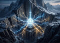 Paisaje épico de montañas nevadas y gargantas rocosas oscuras. En el centro de la escena, un brillante orbe de energía emite intensos rayos eléctricos de color azul y dorado. Debajo del orbe descansa una monumental estructura de piedra de aspecto antiguo, en forma de cubo, que tiene el logotipo de Bitcoin tallado en relieve en sus caras. En la inmensa pared de roca que se alza justo detrás de la luz, está grabado el logotipo de Tether. Las rocas circundantes presentan patrones geométricos tallados que recuerdan a circuitos electrónicos. En los bordes de los acantilados, diminutas siluetas humanas observan el espectáculo, acentuando la escala colosal de la escena.